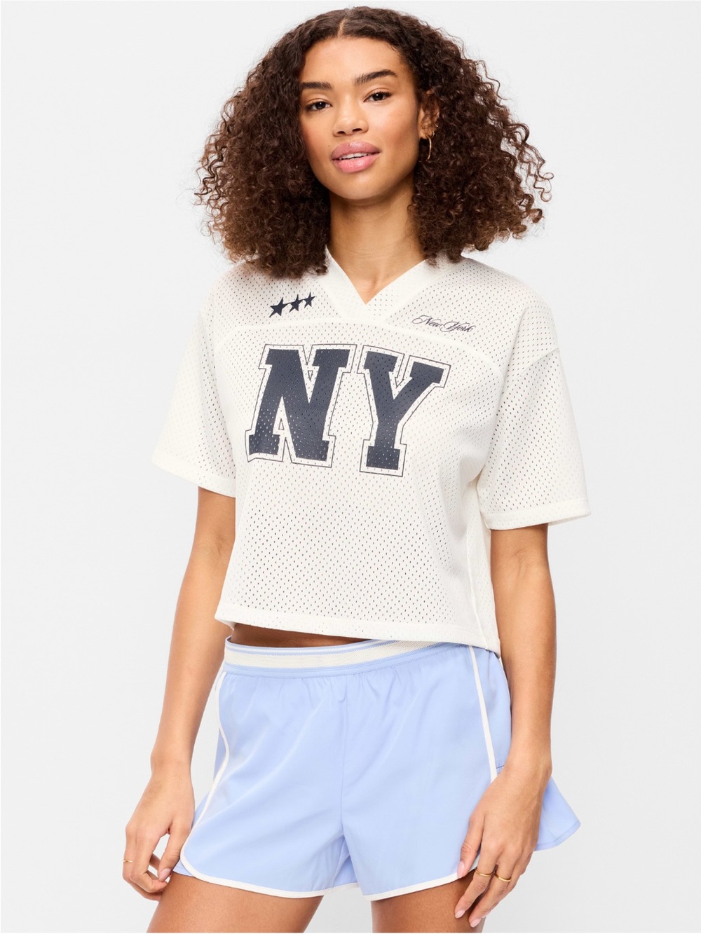 NY Graphic Mesh V-Neck Cropped Top in Cream
